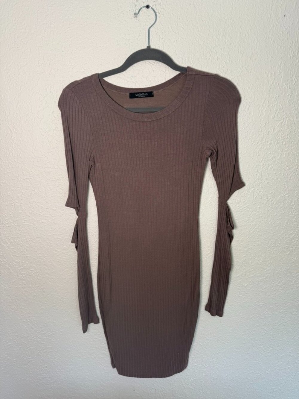 Solemio Brown Ribbed Knit Bodycon Mini Dress